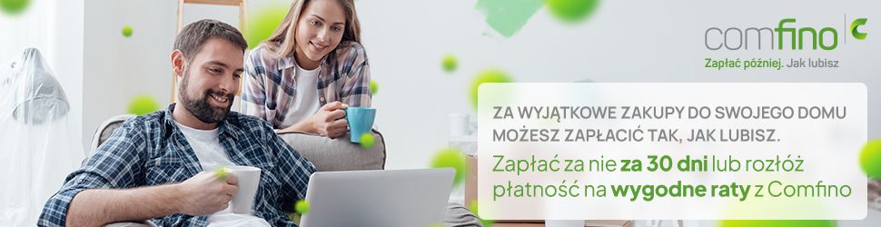 mężczyzna i kobieta z kubkami w dłoniach patrzą w laptopa, to reklama płatności ratalnych comfino