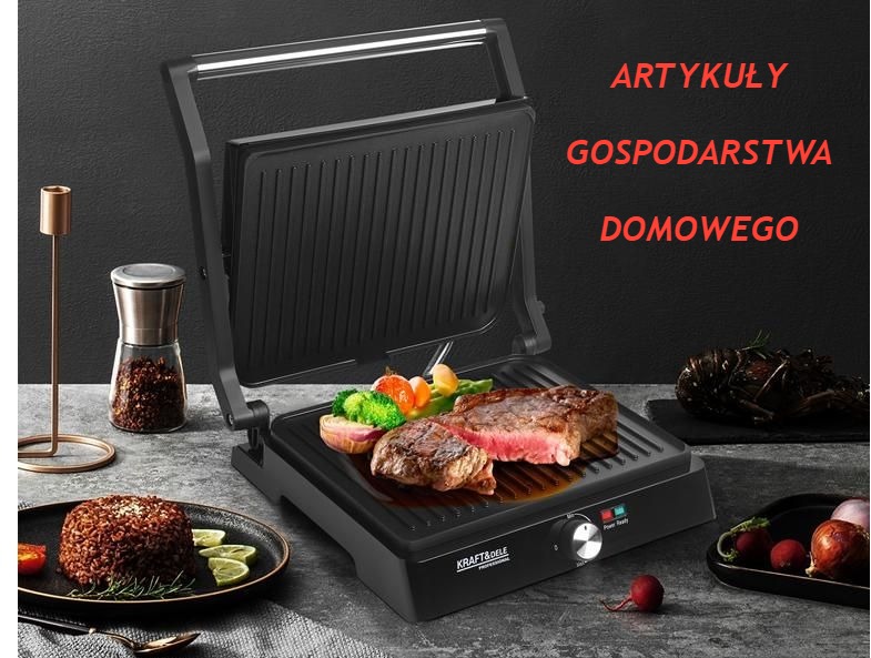 czarny grill elektryczny z upieczonym mięskiem, wokół talerzem